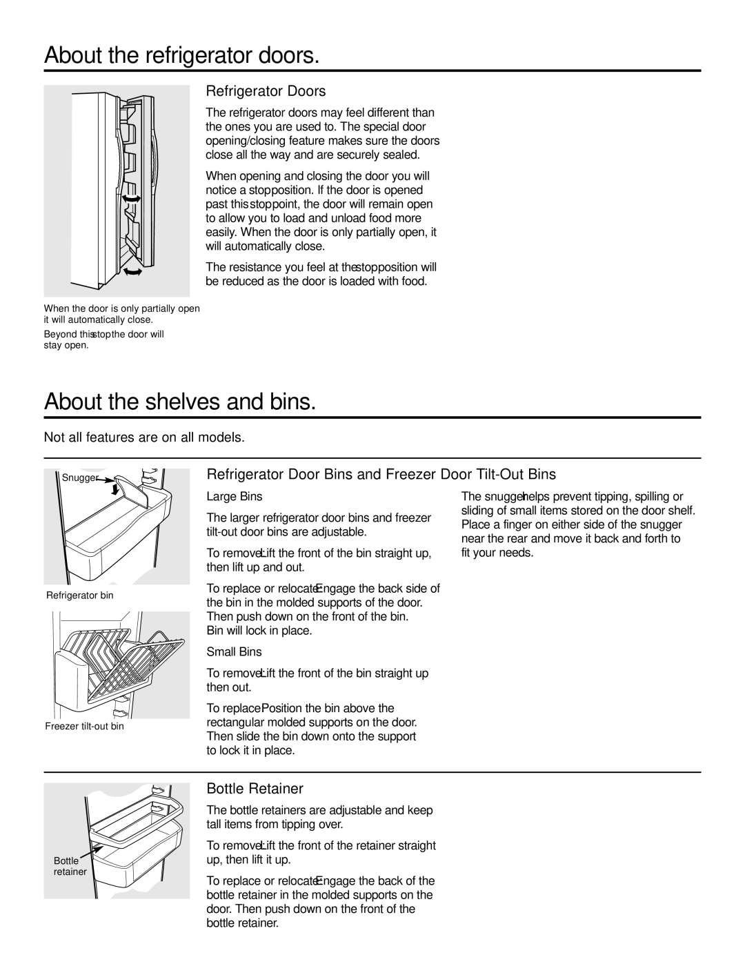 GE 21, 23, 25, 27, 29 About the refrigerator doors, About the shelves and bins, Refrigerator Doors, Bottle Retainer 