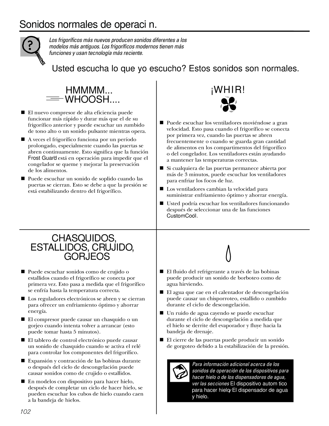 GE 21, 23, 25, 27, 29 installation instructions Sonidos normales de operación 