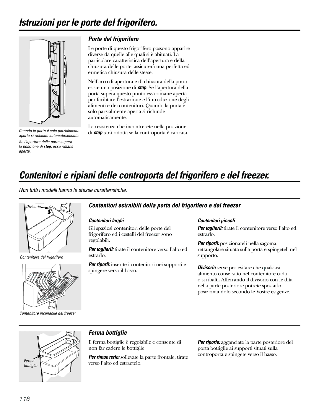 GE 21, 23, 25, 27, 29 Istruzioni per le porte del frigorifero, Porte del frigorifero, Ferma bottiglie, Contenitori larghi 