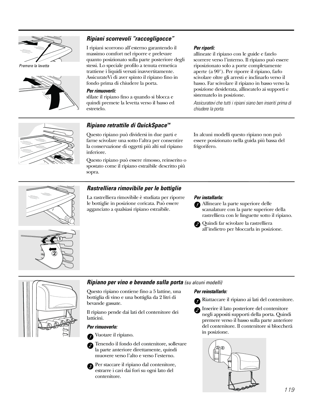 GE 21, 23, 25, 27, 29 installation instructions Ripiani scorrevoli raccogligocce, Ripiano retrattile di QuickSpace 