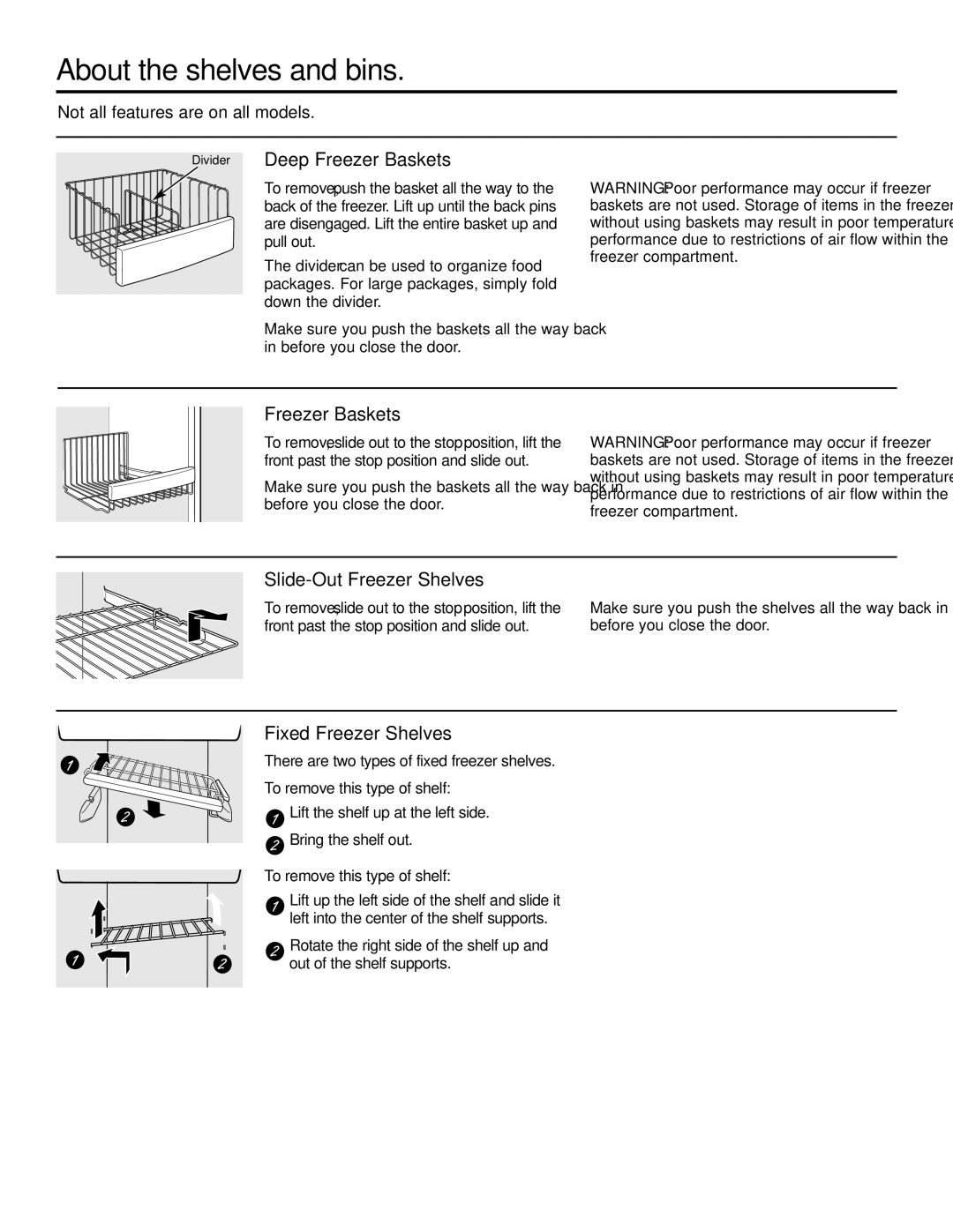 GE 21, 23, 25, 27, 29 Divider Deep Freezer Baskets, Slide-Out Freezer Shelves, Fixed Freezer Shelves 