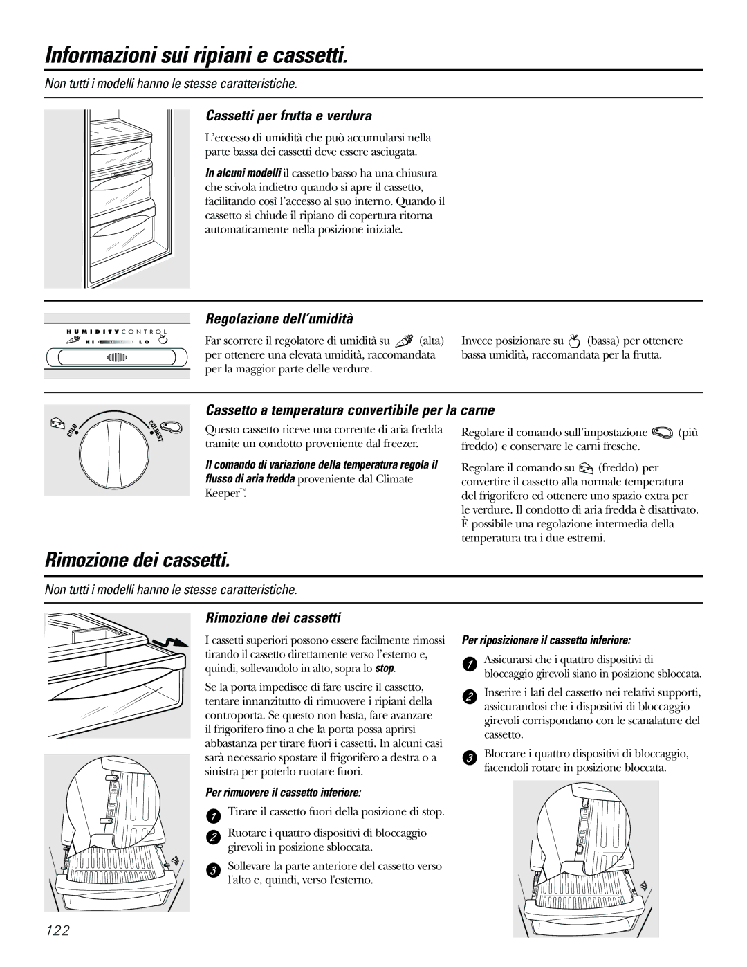 GE 21, 23, 25, 27, 29 Informazioni sui ripiani e cassetti, Cassetti per frutta e verdura, Regolazione dell’umidità 