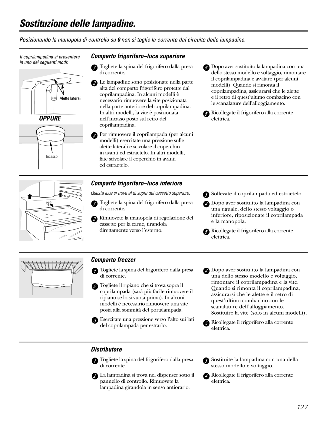 GE 21, 23, 25, 27, 29 Sostituzione delle lampadine, Comparto frigorifero-luce superiore, Comparto freezer, Distributore 