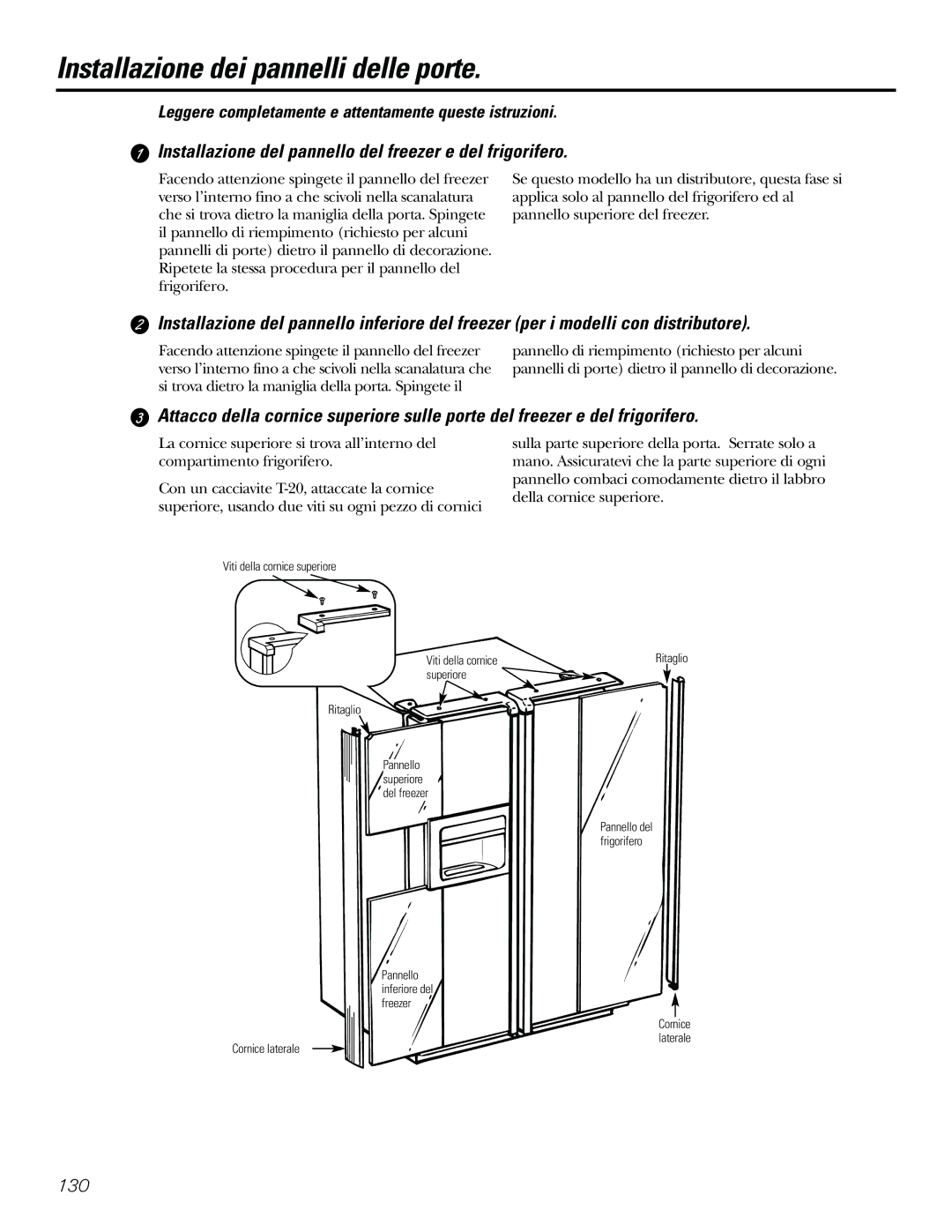 GE 21, 23, 25, 27, 29 Installazione dei pannelli delle porte, Installazione del pannello del freezer e del frigorifero 