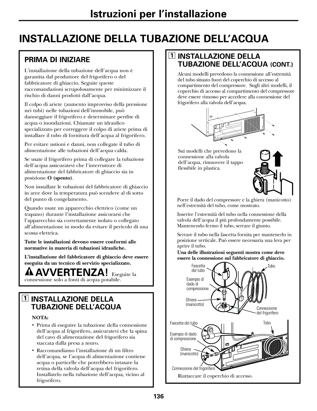 GE 21, 23, 25, 27, 29 Installazione Della Tubazione DELL’ACQUA, Prima DI Iniziare, Riattaccare il coperchio di accesso 