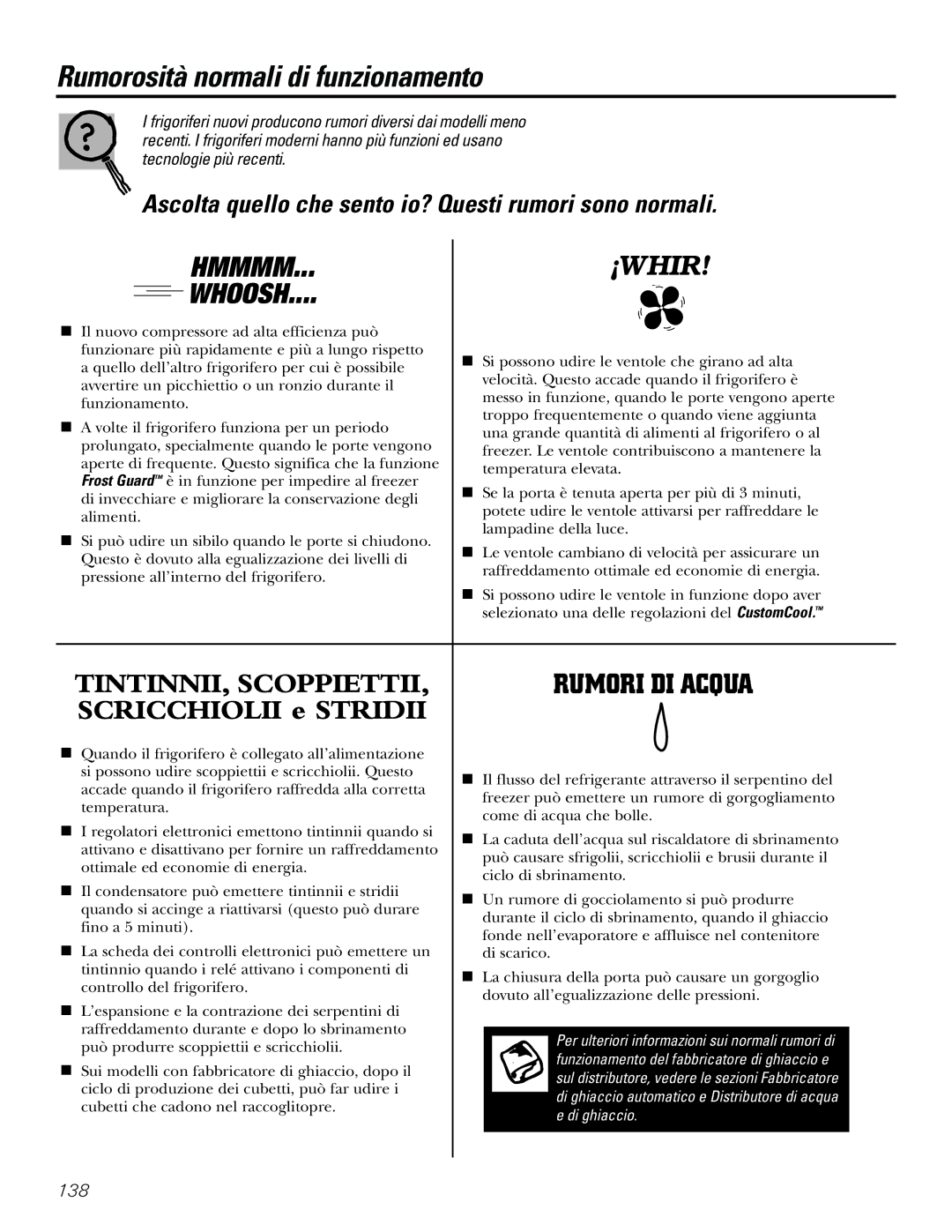 GE 21, 23, 25, 27, 29 installation instructions Rumorosità normali di funzionamento, Whoosh 