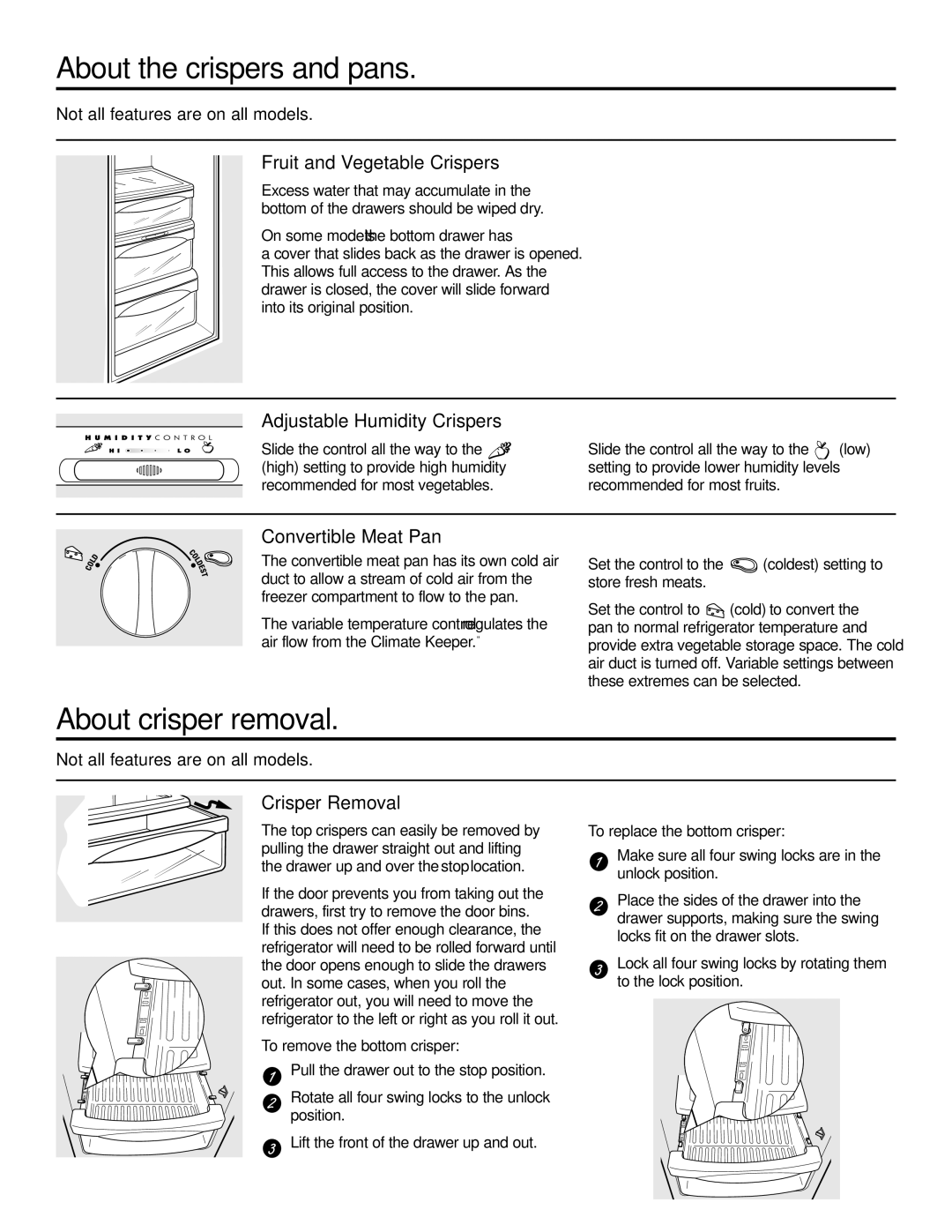 GE 21, 23, 25, 27, 29 installation instructions About the crispers and pans, About crisper removal 