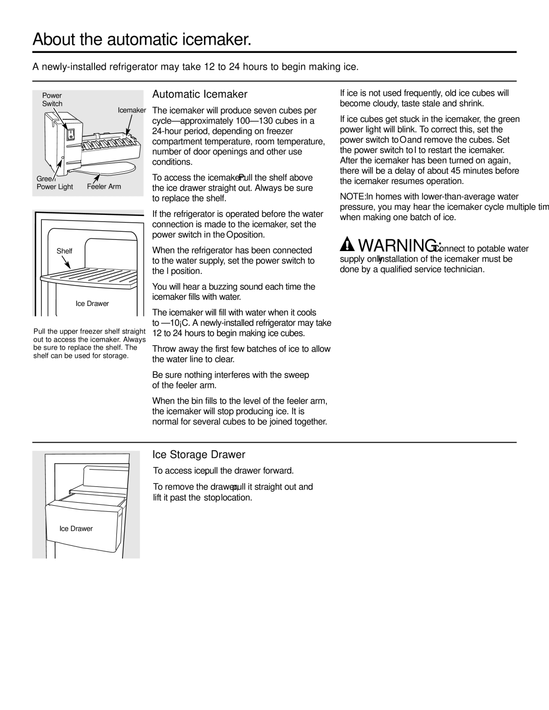 GE 21, 23, 25, 27, 29 installation instructions About the automatic icemaker, Automatic Icemaker, Ice Storage Drawer 