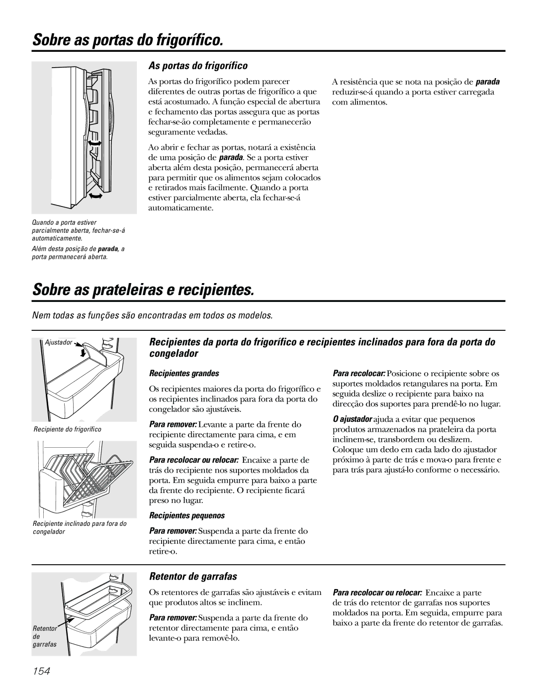 GE 21, 23, 25, 27, 29 Sobre as portas do frigorífico, Sobre as prateleiras e recipientes, As portas do frigorífico 