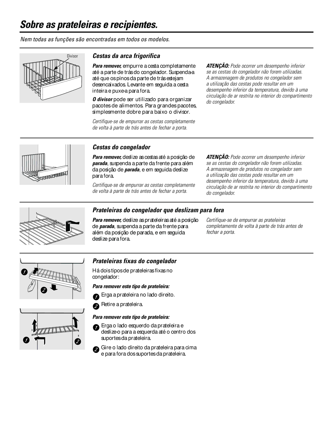 GE 21, 23, 25, 27, 29 Divisor Cestas da arca frigorífica, Cestas do congelador, Prateleiras fixas do congelador 