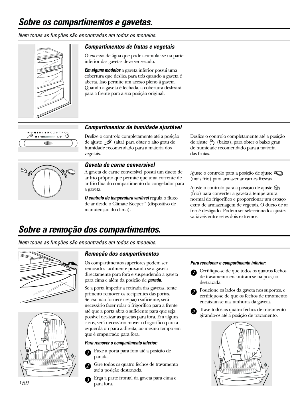 GE 21, 23, 25, 27, 29 Sobre os compartimentos e gavetas, Sobre a remoção dos compartimentos, Gaveta de carne conversível 