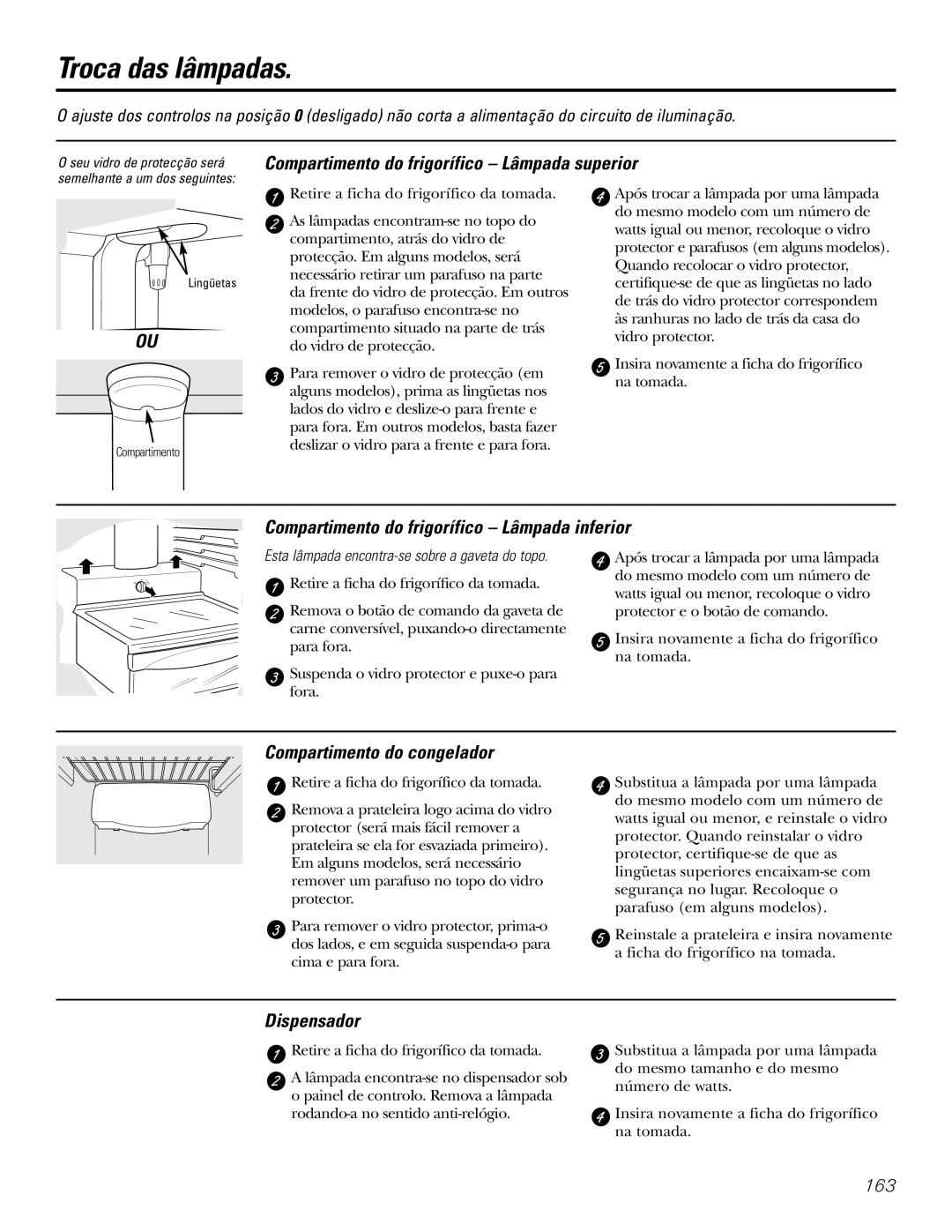 GE 21, 23, 25, 27, 29 Troca das lâmpadas, Compartimento do frigorífico Lâmpada inferior, Compartimento do congelador 