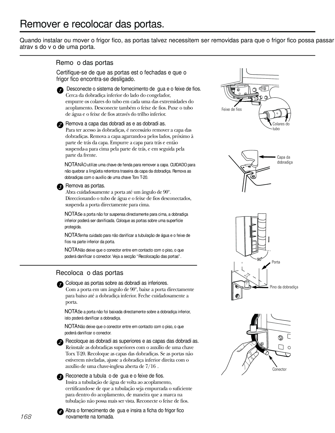 GE 21, 23, 25, 27, 29 Remover e recolocar das portas, Remoção das portas, Recolocação das portas, 168 