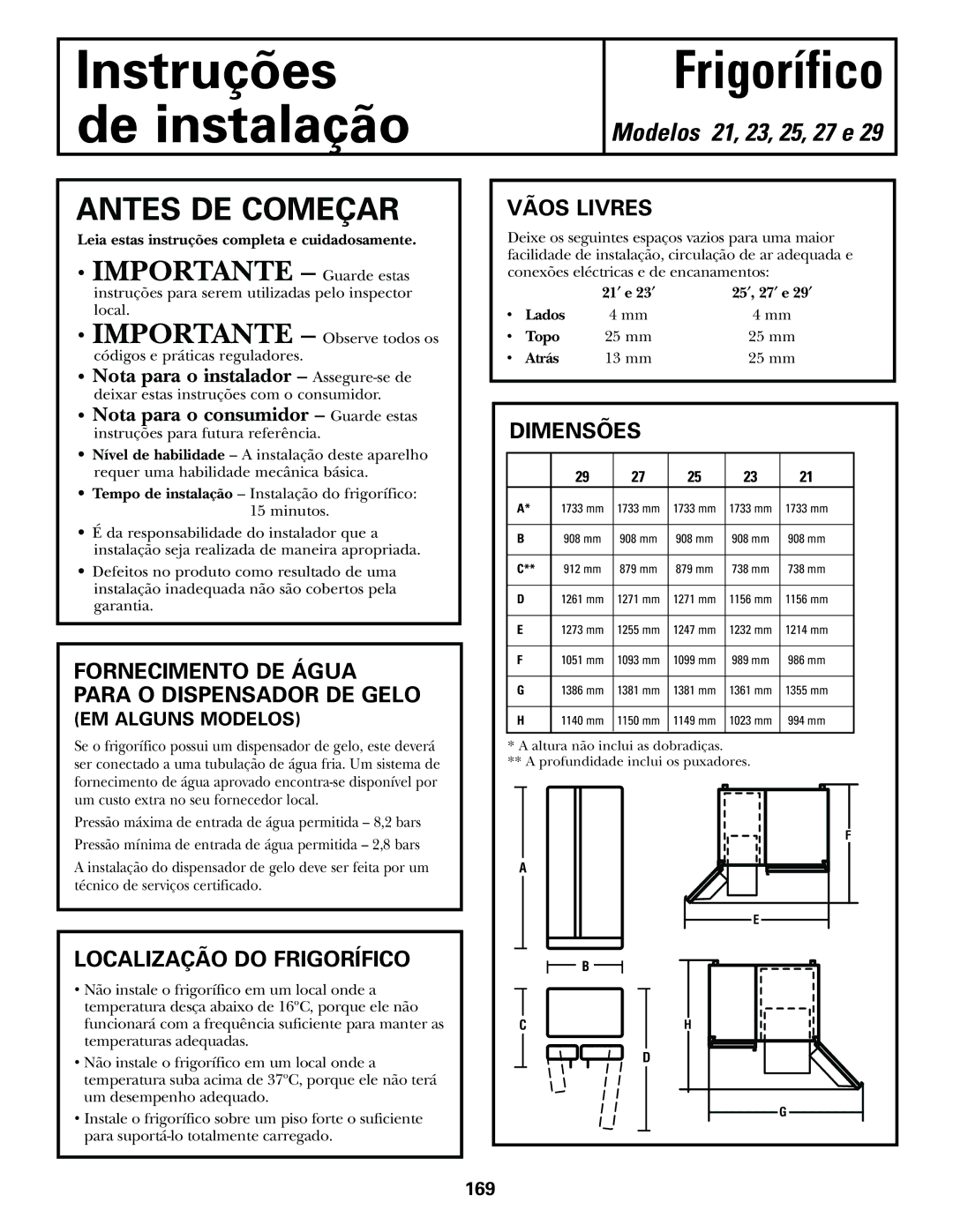 GE 21, 23, 25, 27, 29 installation instructions Antes DE Começar, Localização do Frigorífico, Vãos Livres, Dimensões 