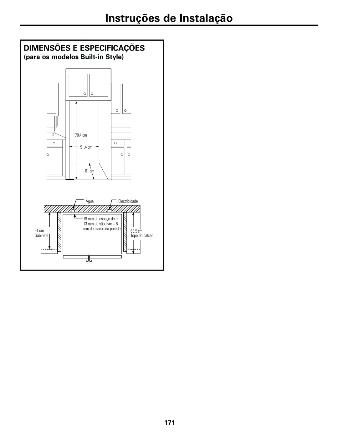 GE 21, 23, 25, 27, 29 installation instructions Dimensões E Especificações, Para os modelos Built-in Style 