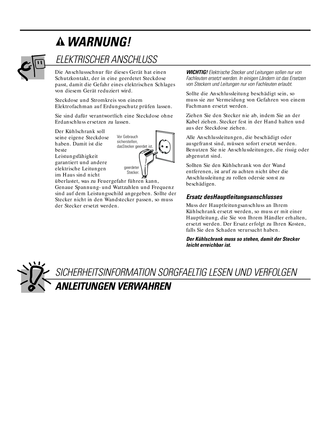 GE 21, 23, 25, 27, 29 installation instructions Elektrischer Anschluss, Ersatz desHauptleitungsanschlusses 