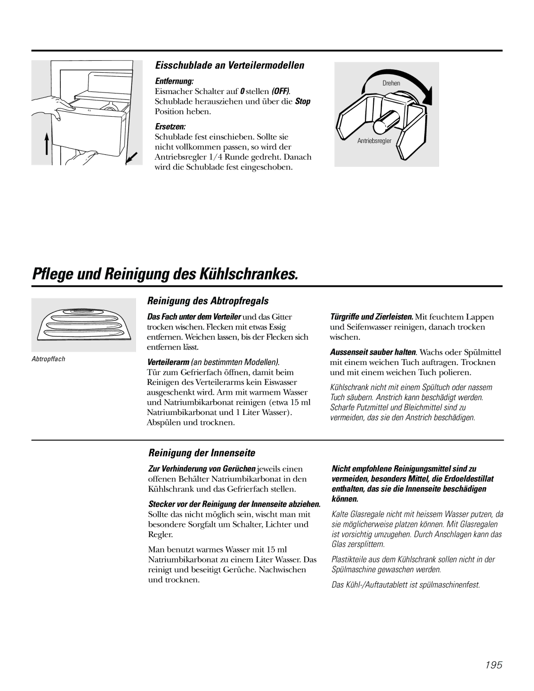 GE 21, 23, 25, 27, 29 Pflege und Reinigung des Kühlschrankes, Eisschublade an Verteilermodellen, Reinigung der Innenseite 