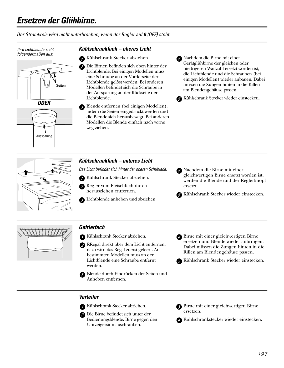 GE 21, 23, 25, 27, 29 Ersetzen der Glühbirne, Kühlschrankfach oberes Licht, Kühlschrankfach unteres Licht, Gefrierfach 