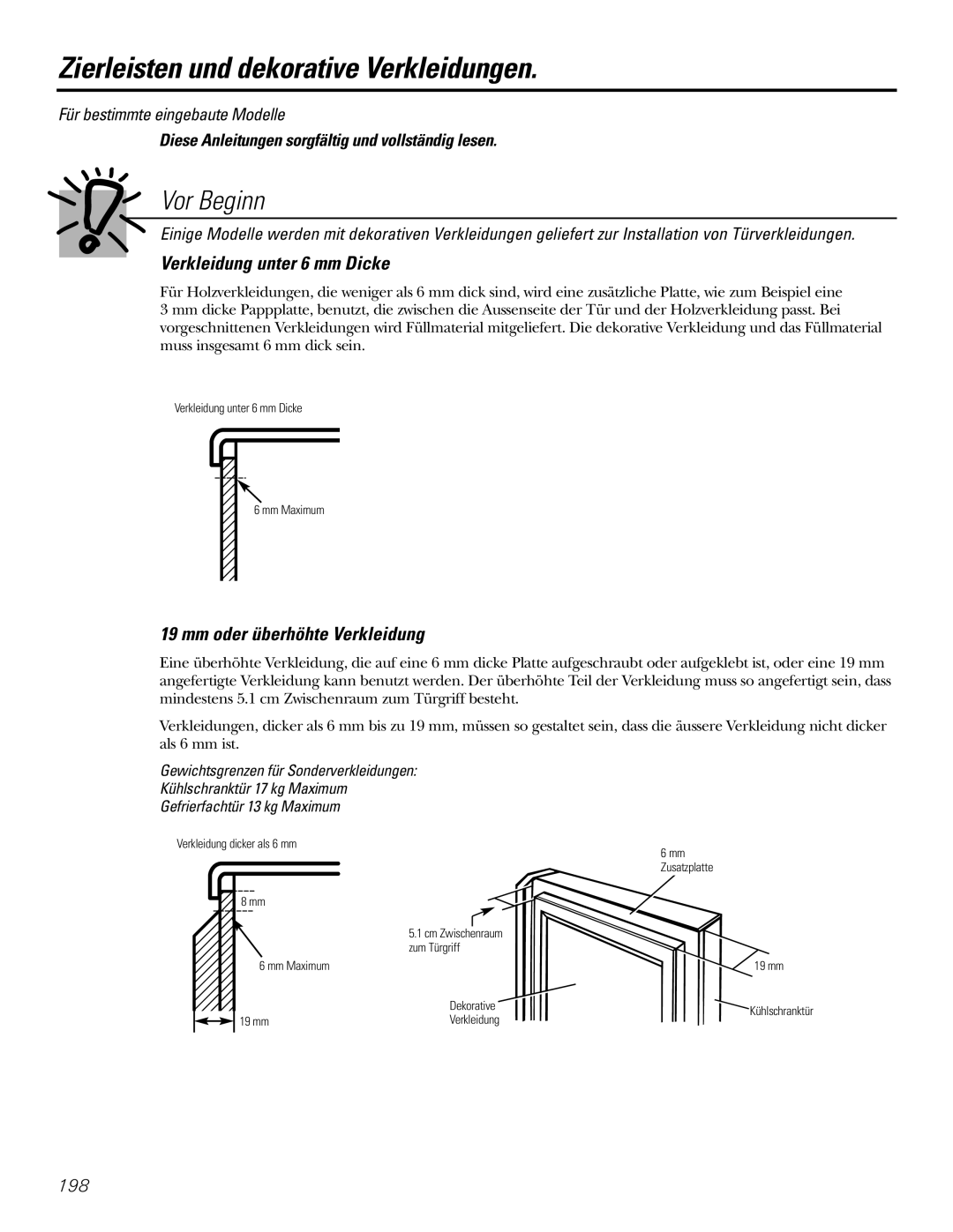 GE 21, 23, 25, 27, 29 installation instructions Zierleisten und dekorative Verkleidungen, Verkleidung unter 6 mm Dicke 