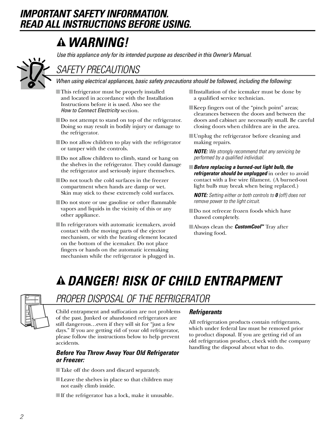 GE 21, 23, 25, 27, 29 installation instructions Before You Throw Away Your Old Refrigerator or Freezer, Refrigerants 