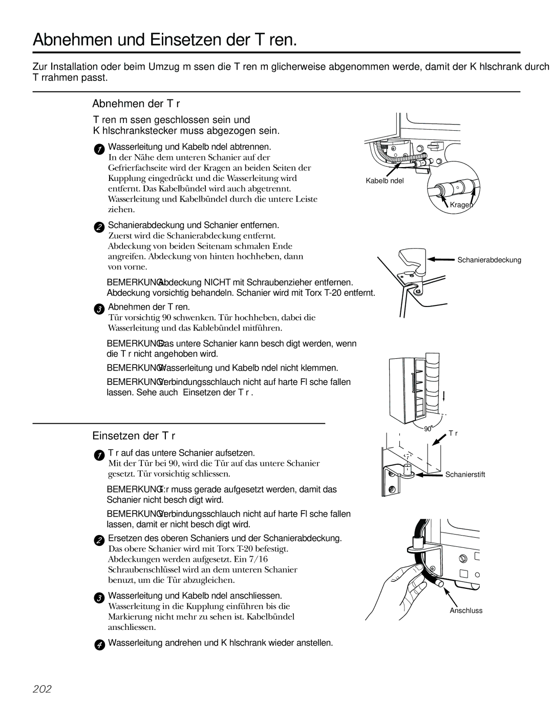 GE 21, 23, 25, 27, 29 installation instructions Abnehmen und Einsetzen der Türen, Abnehmen der Tür 