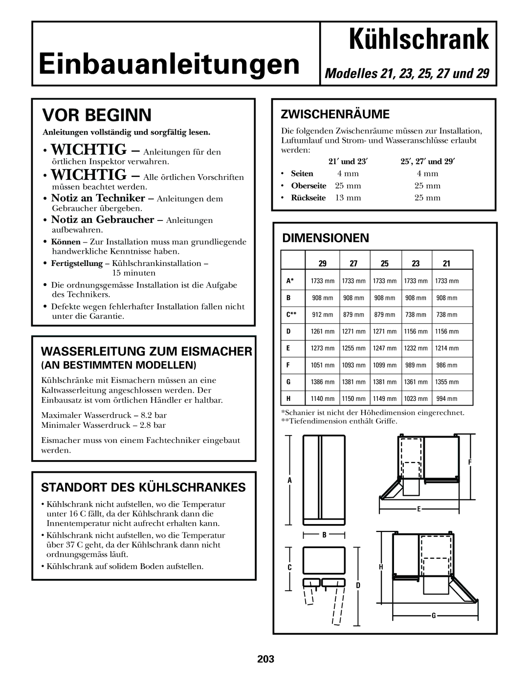 GE 21, 23, 25, 27, 29 VOR Beginn, Wasserleitung ZUM Eismacher, Standort DES Kühlschrankes, Zwischenräume, Dimensionen 