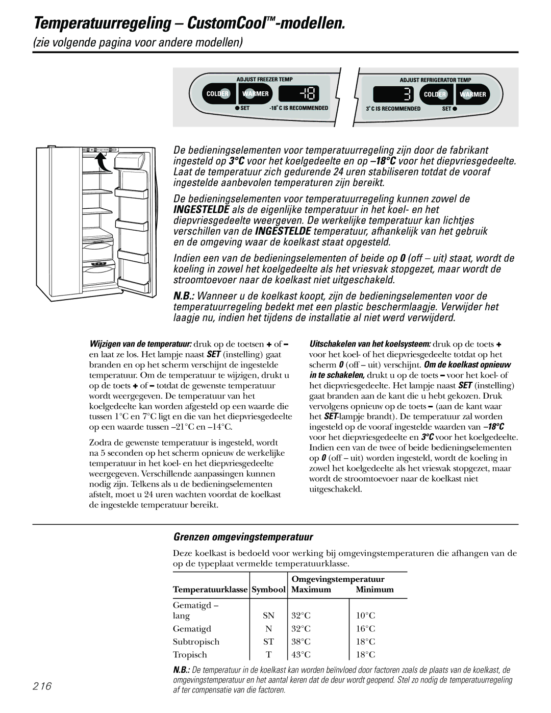 GE 21, 23, 25, 27, 29 Temperatuurregeling CustomCool-modellen, Grenzen omgevingstemperatuur, Omgevingstemperatuur 