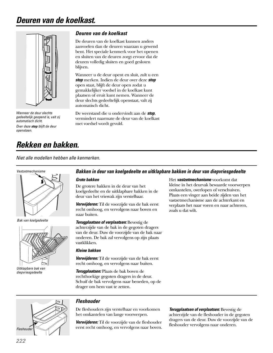 GE 21, 23, 25, 27, 29 installation instructions Deuren van de koelkast, Rekken en bakken, Fleshouder 