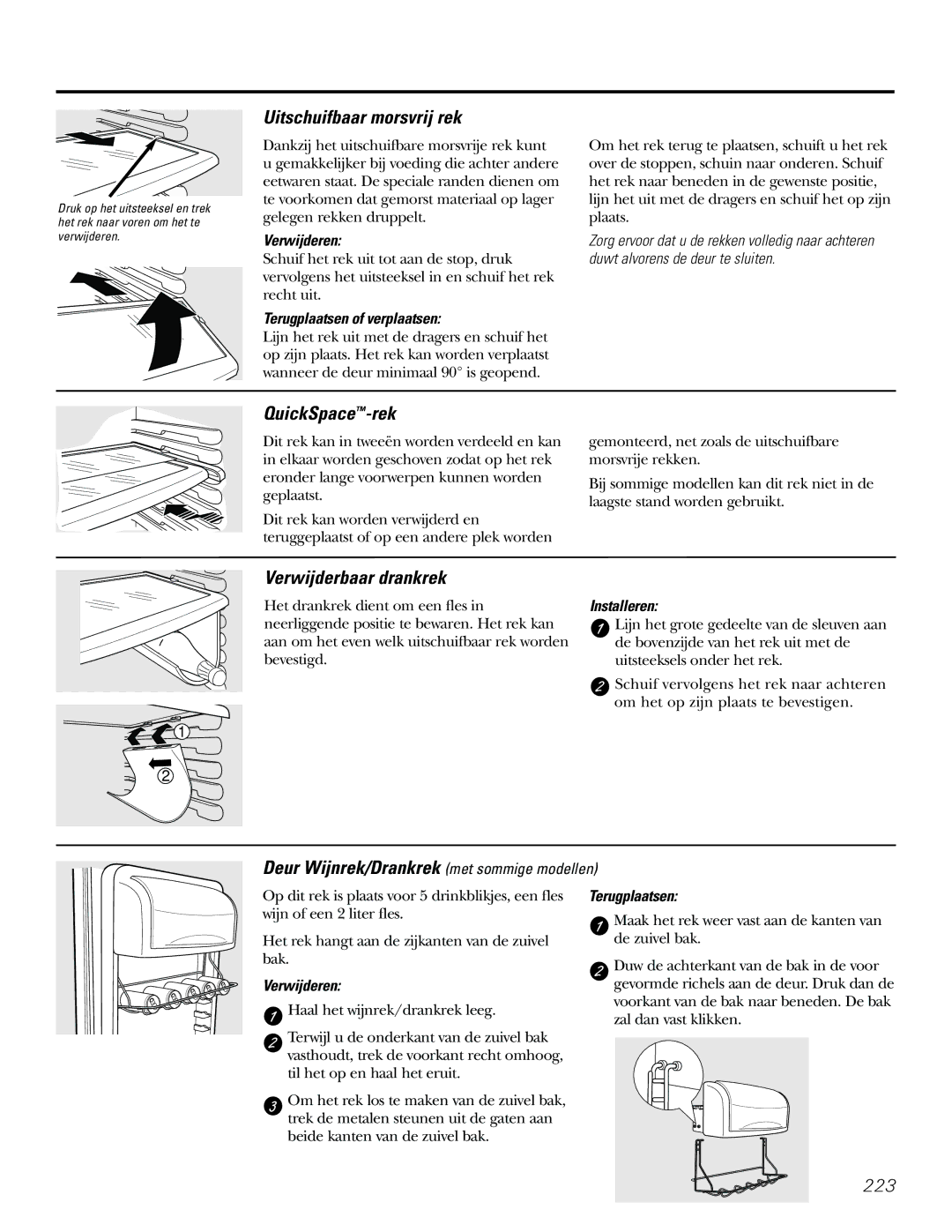 GE 21, 23, 25, 27, 29 installation instructions Uitschuifbaar morsvrij rek, QuickSpace-rek, Verwijderbaar drankrek 