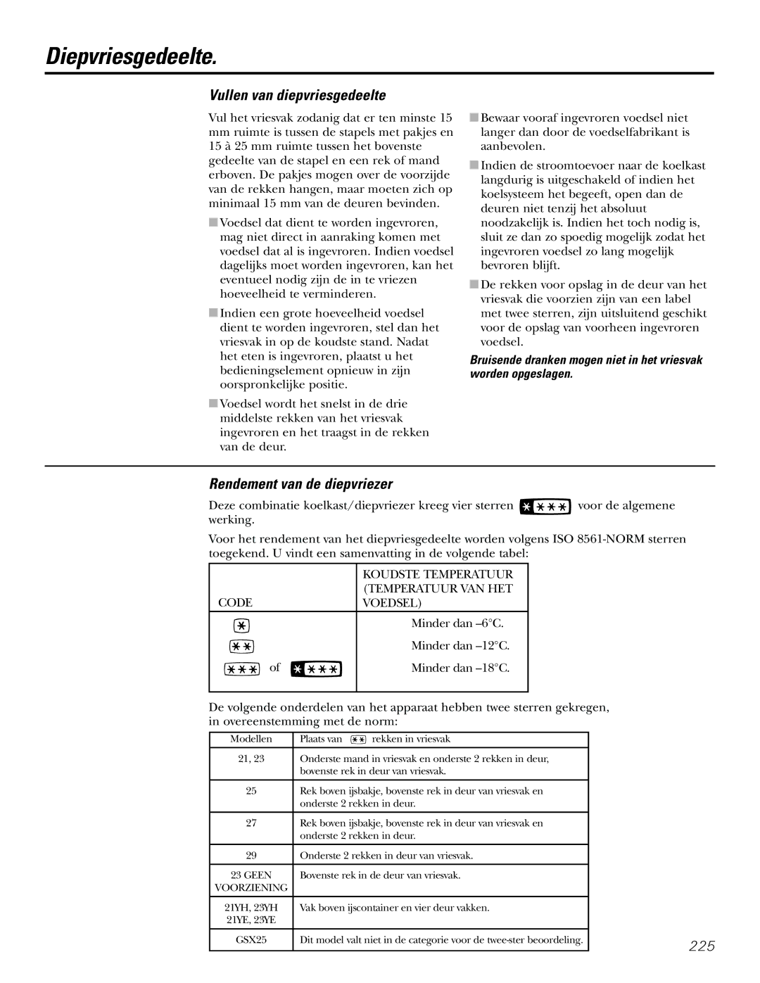 GE 21, 23, 25, 27, 29 Diepvriesgedeelte, Vullen van diepvriesgedeelte, Rendement van de diepvriezer 