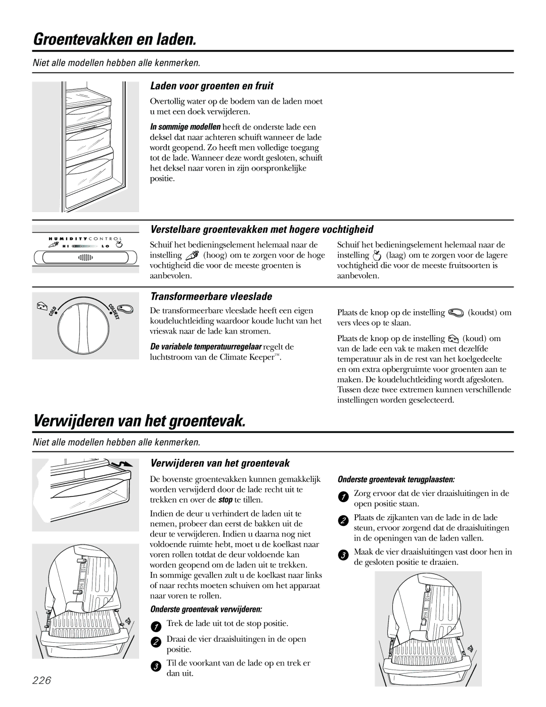 GE 21, 23, 25, 27, 29 installation instructions Groentevakken en laden, Verwijderen van het groentevak 