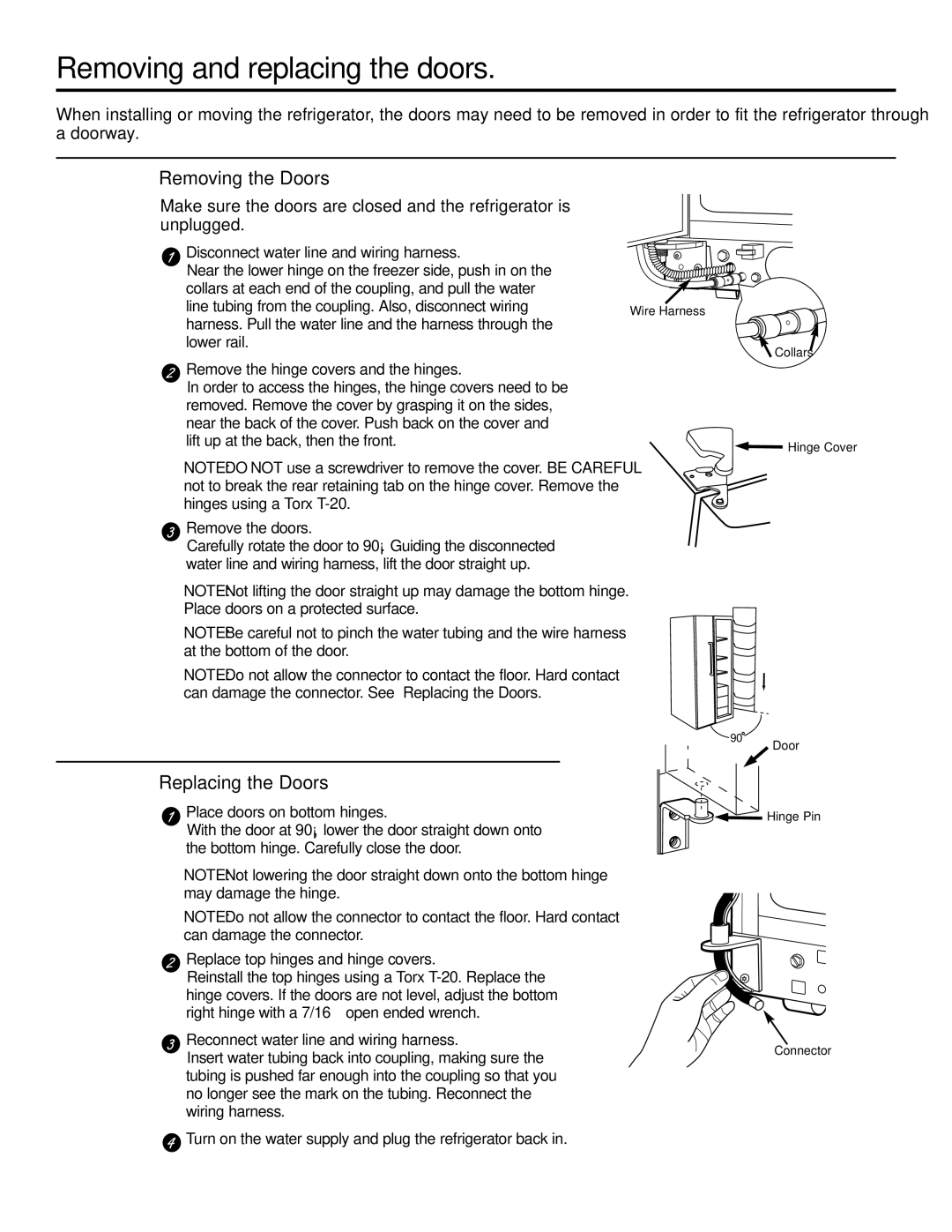 GE 21, 23, 25, 27, 29 installation instructions Removing and replacing the doors, Removing the Doors, Replacing the Doors 