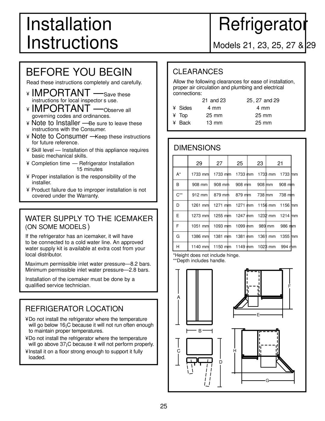 GE 21, 23, 25, 27, 29 installation instructions Before YOU Begin, Refrigerator Location, Clearances, Dimensions 