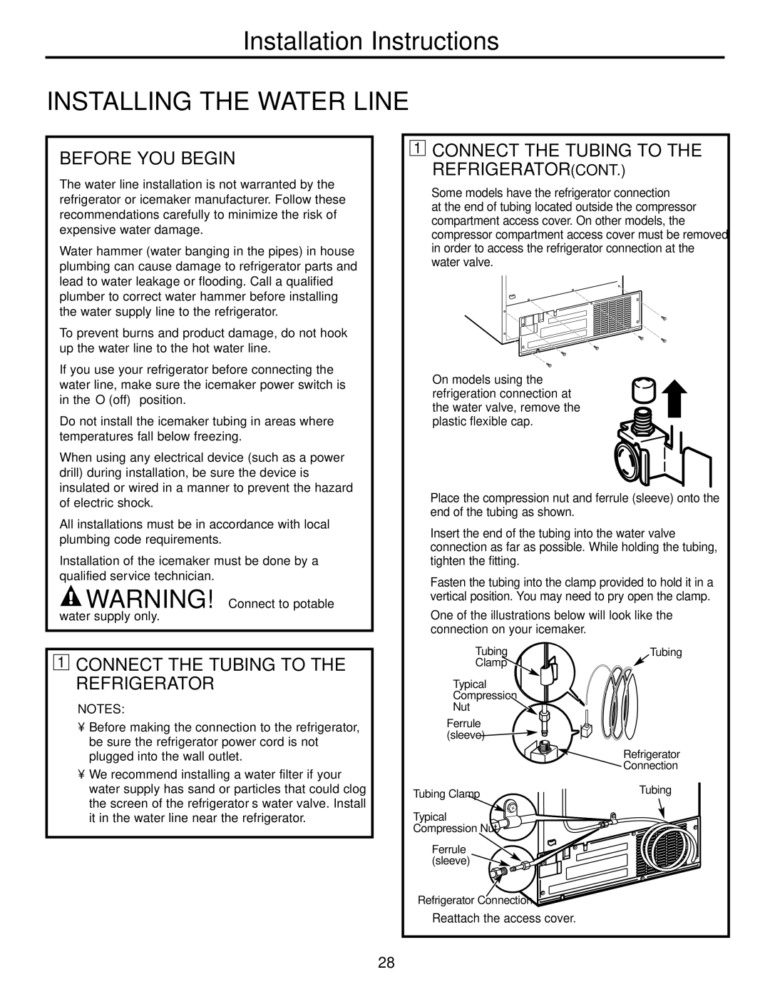 GE 21, 23, 25, 27, 29 Installing the Water Line, Before YOU Begin, Connect the Tubing to the Refrigerator 