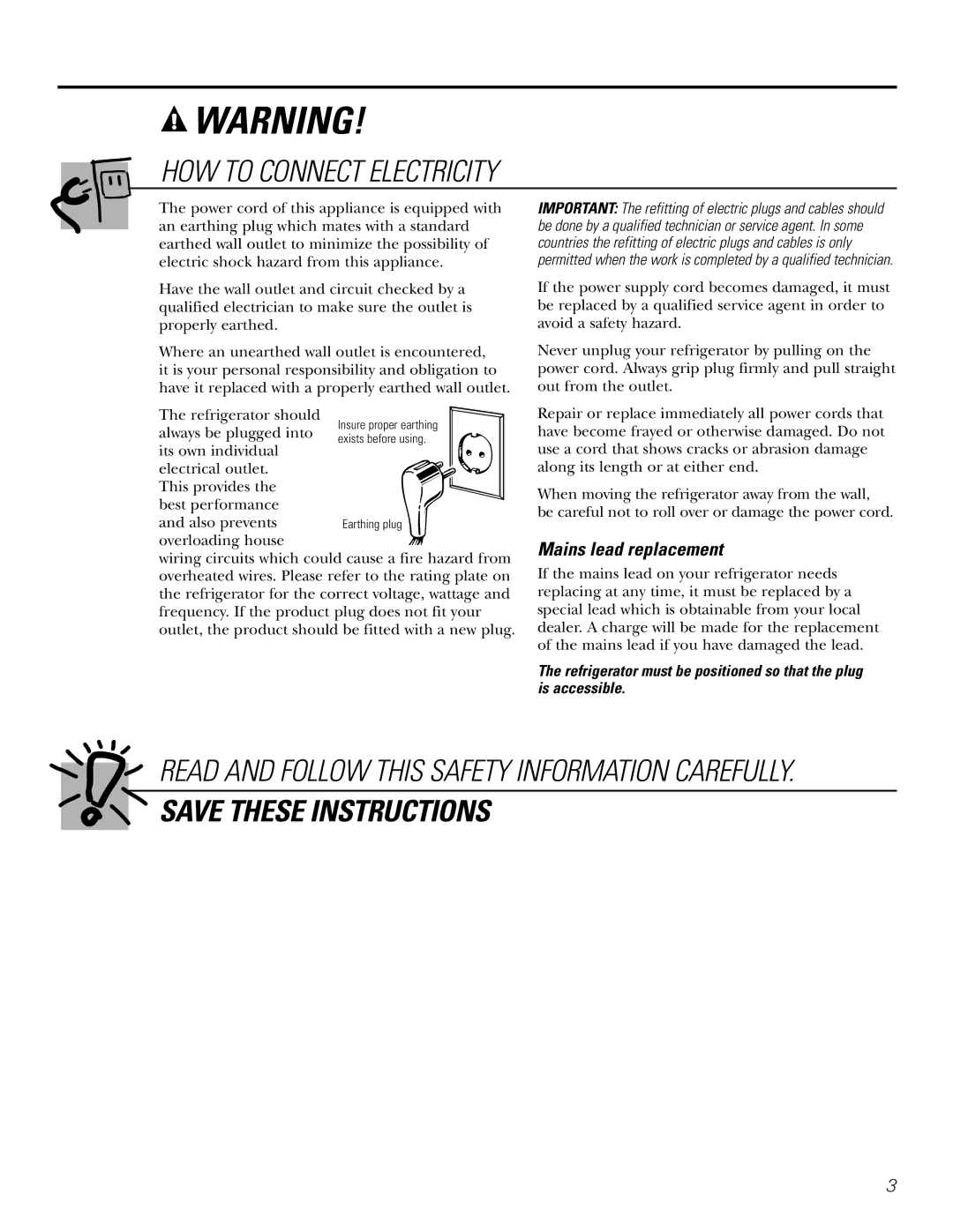 GE 21, 23, 25, 27, 29 installation instructions HOW to Connect Electricity, Mains lead replacement 