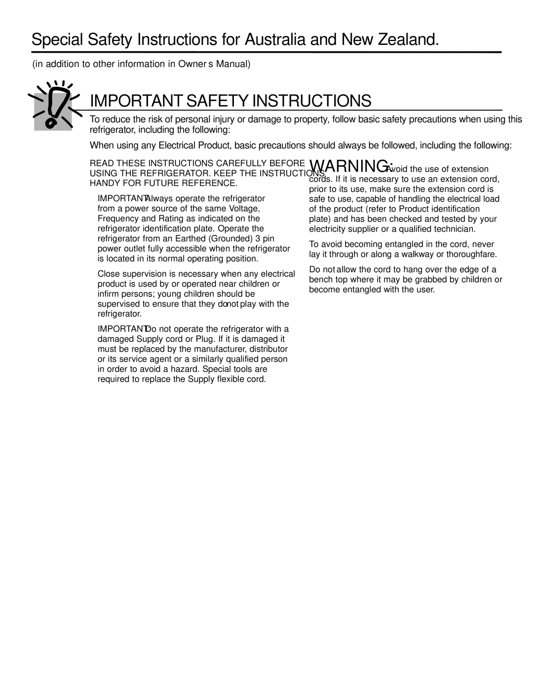 GE 21, 23, 25, 27, 29 Special Safety Instructions for Australia and New Zealand, Important Safety Instructions 