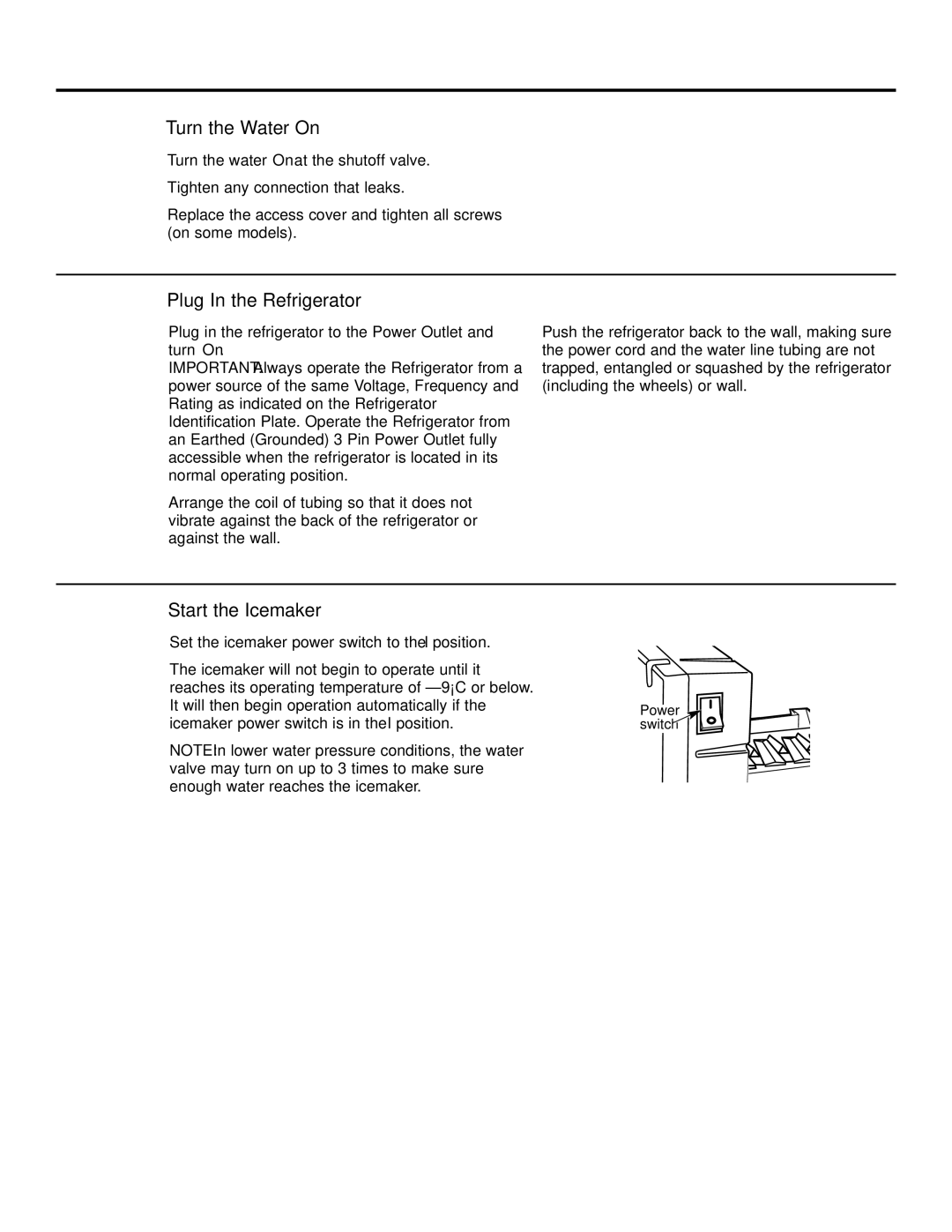 GE 21, 23, 25, 27, 29 installation instructions Turn the Water On, Plug In the Refrigerator, Start the Icemaker 