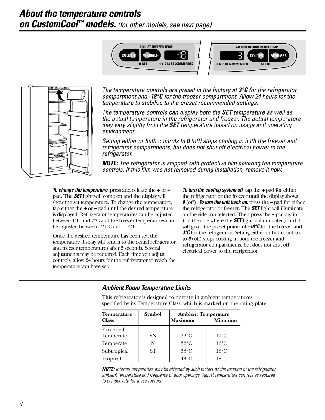 GE 21, 23, 25, 27, 29 installation instructions About the temperature controls, Ambient Room Temperature Limits 