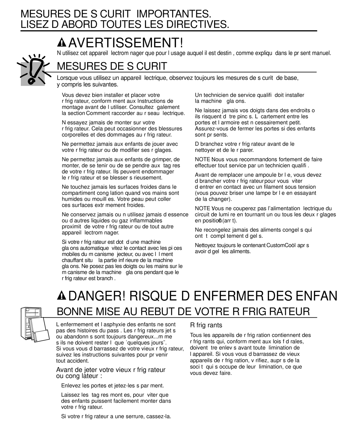 GE 21, 23, 25, 27, 29 installation instructions Avant de jeter votre vieux réfrigérateur ou congélateur, Réfrigérants 