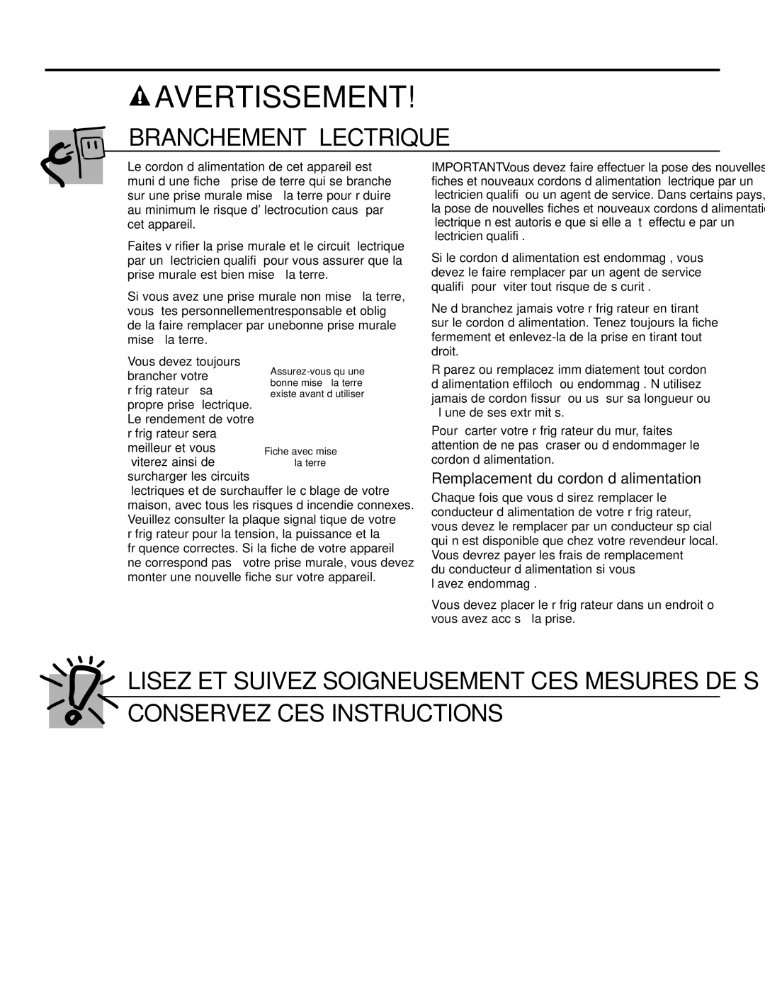 GE 21, 23, 25, 27, 29 installation instructions Branchement Électrique, Remplacement du cordon d’alimentation 