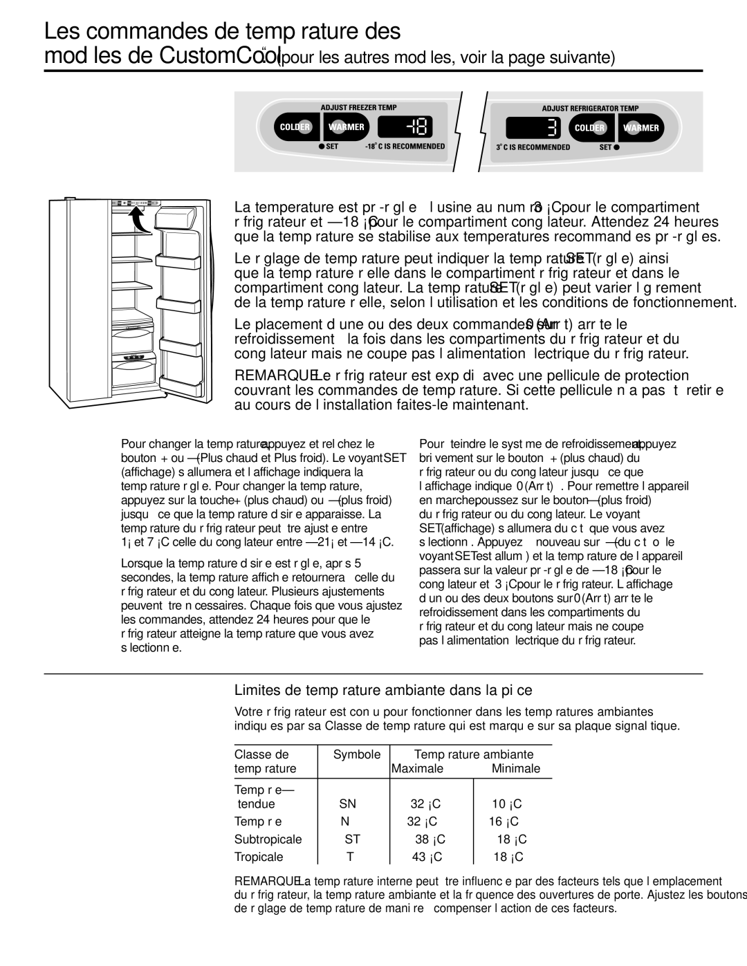 GE 21, 23, 25, 27, 29 Les commandes de température des, Limites de température ambiante dans la pièce 