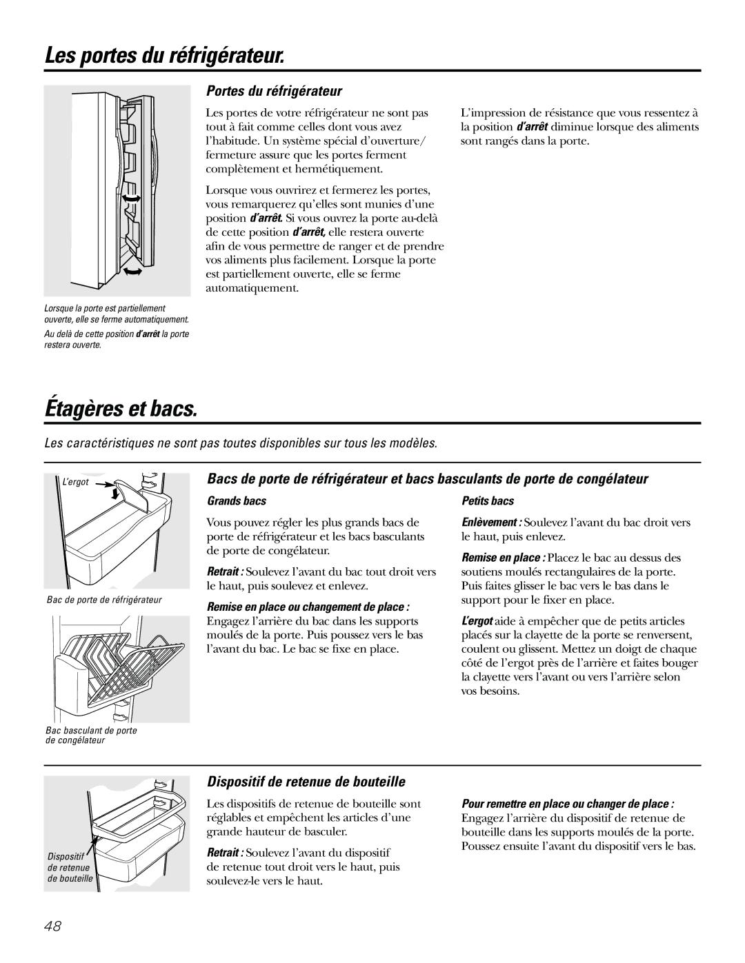 GE 21, 23, 25, 27, 29 installation instructions Les portes du réfrigérateur, Étagères et bacs, Portes du réfrigérateur 