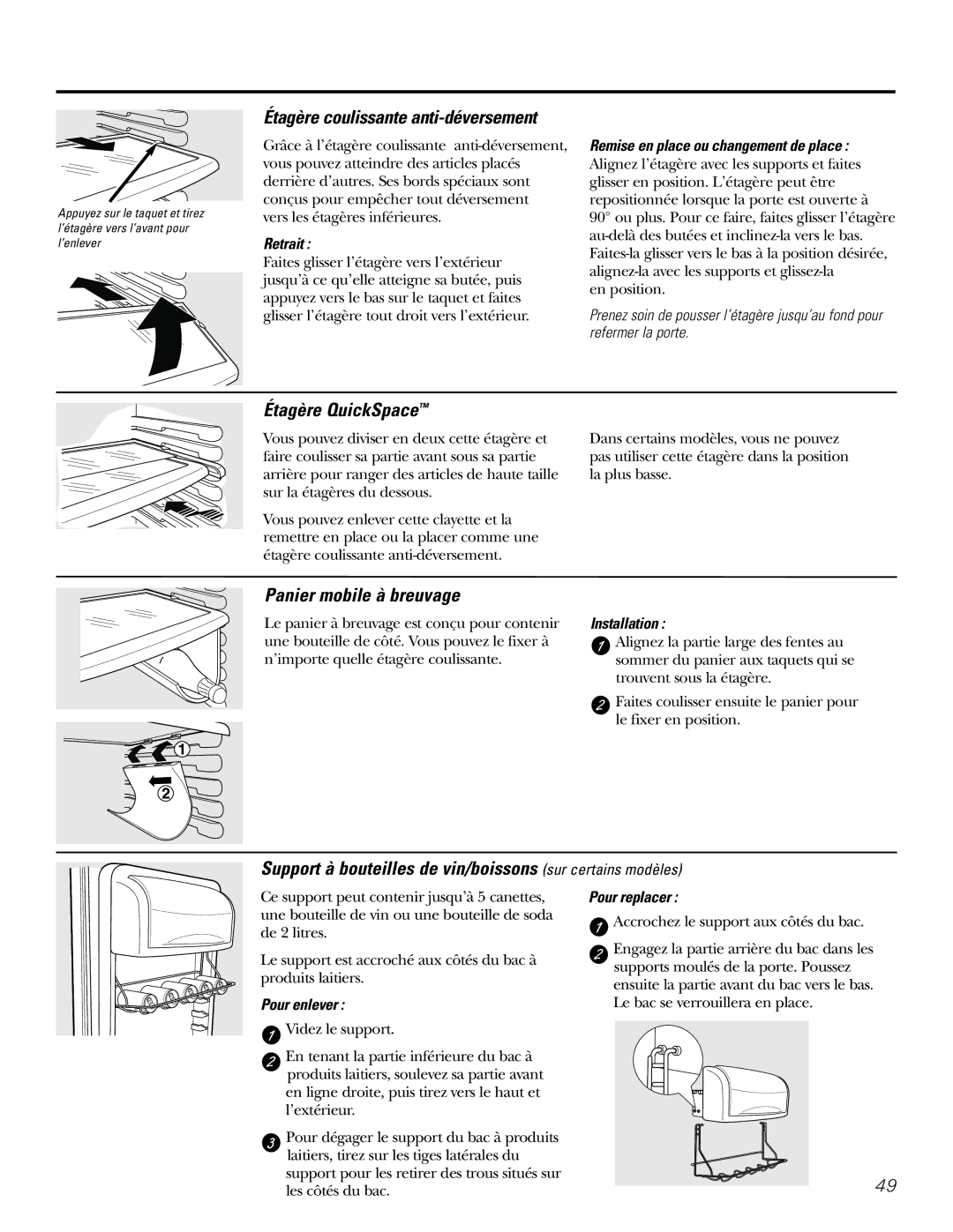 GE 21, 23, 25, 27, 29 Étagère QuickSpace, Panier mobile à breuvage, Étagère coulissante anti-déversement 