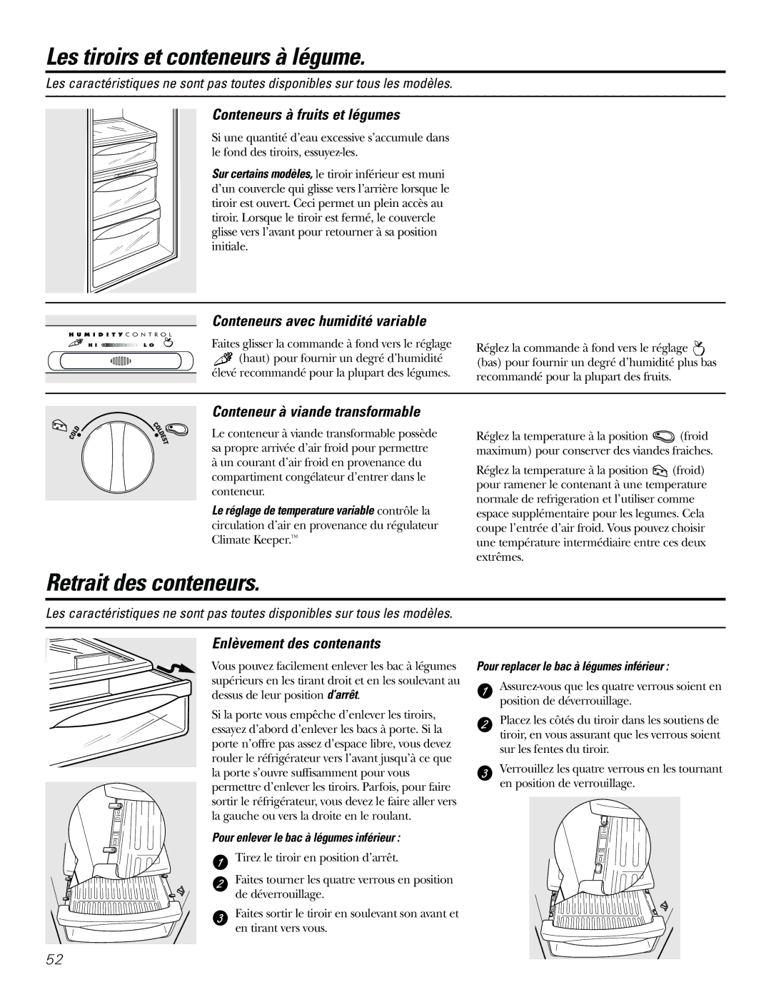 GE 21, 23, 25, 27, 29 installation instructions Les tiroirs et conteneurs à légume, Retrait des conteneurs 