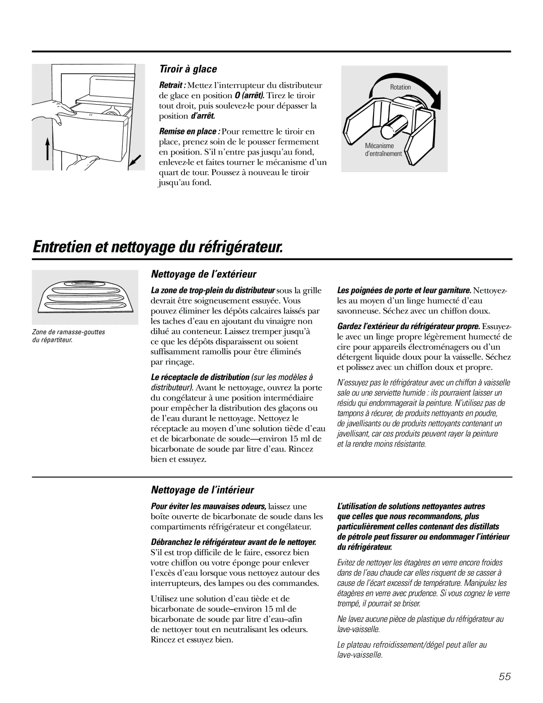 GE 21, 23, 25, 27, 29 Entretien et nettoyage du réfrigérateur, Tiroir à glace, Nettoyage de l’extérieur 