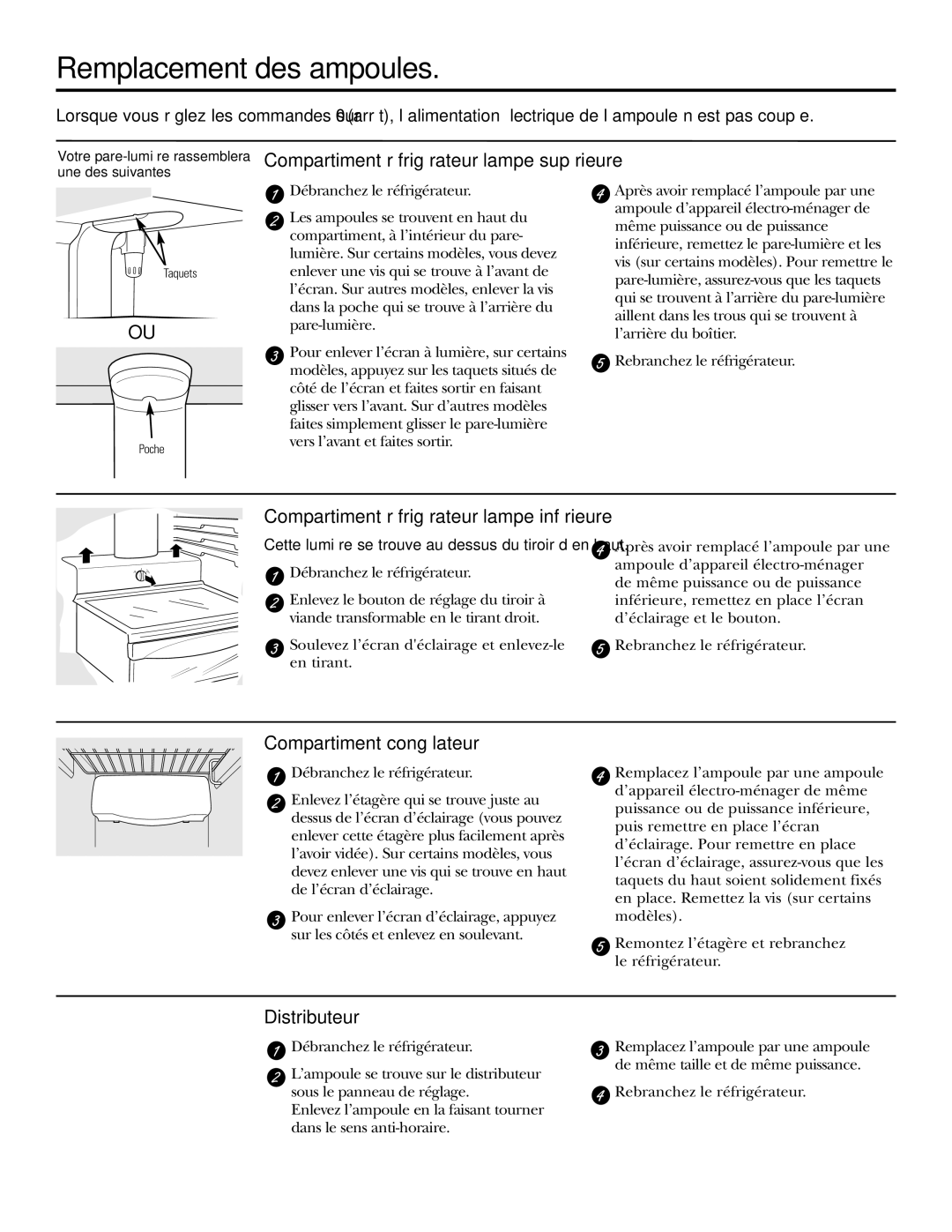 GE 21, 23, 25, 27, 29 Remplacement des ampoules, Compartiment réfrigérateur-lampe supérieure, Compartiment congélateur 