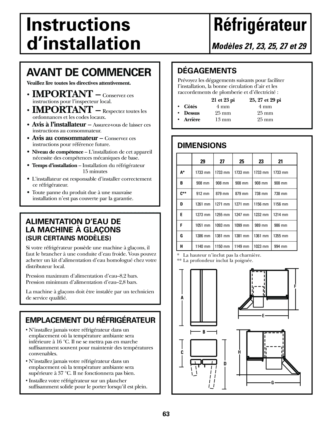 GE 21, 23, 25, 27, 29 Avant DE Commencer, Alimentation D’EAU DE LA Machine À Glaçons, Emplacement DU Réfrigérateur 