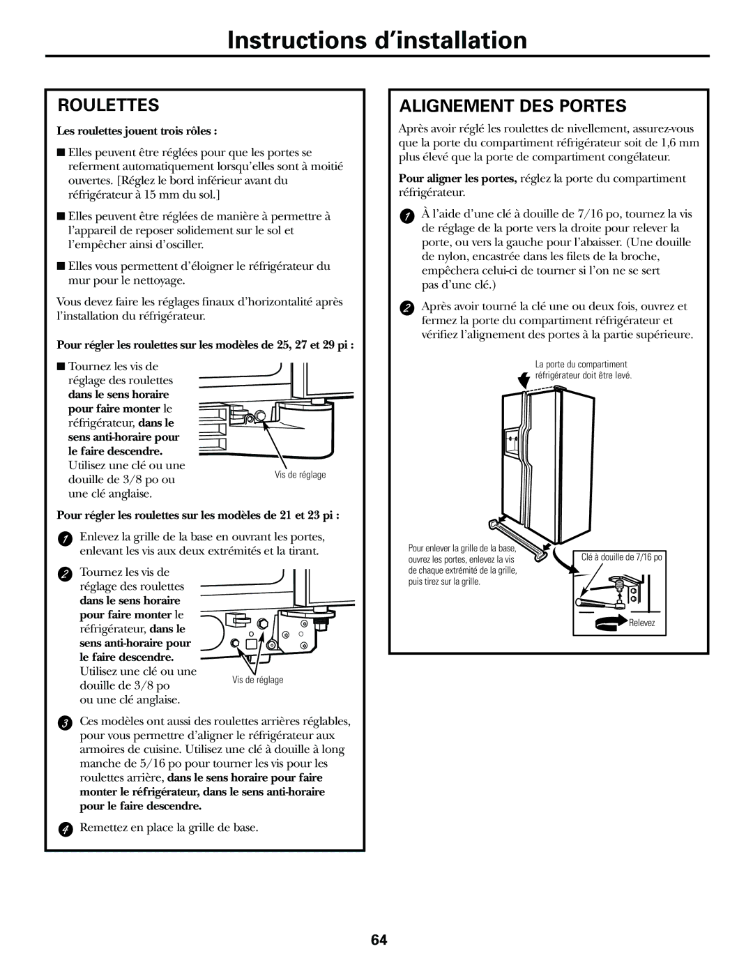 GE 21, 23, 25, 27, 29 installation instructions Roulettes, Alignement DES Portes 