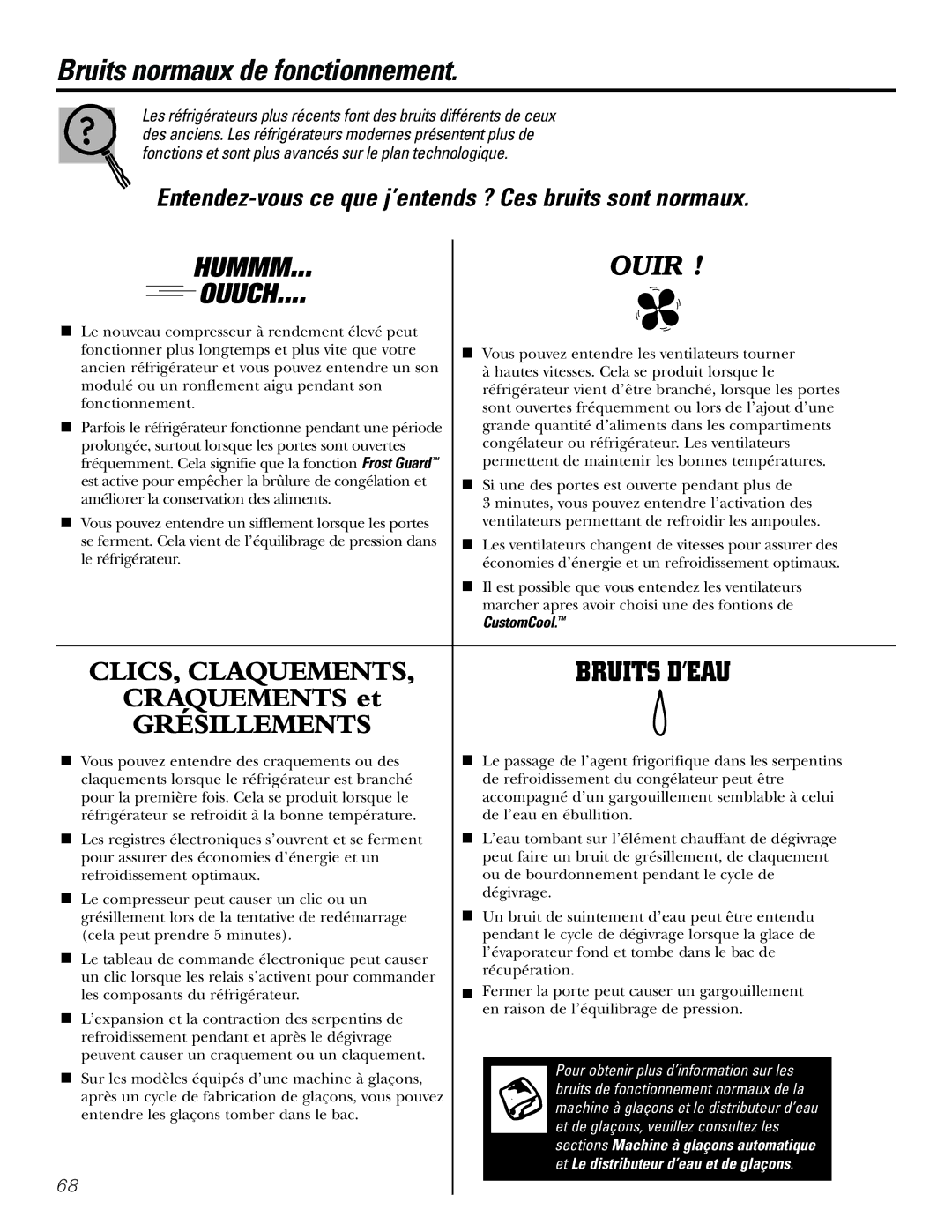 GE 21, 23, 25, 27, 29 Bruits normaux de fonctionnement, CustomCool, Sur les modèles équipés d’une machine à glaçons 