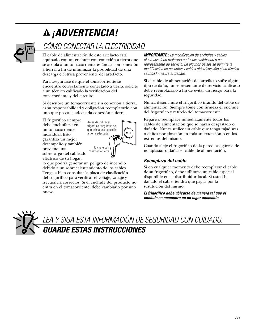 GE 21, 23, 25, 27, 29 installation instructions Cómo Conectar LA Electricidad, Reemplazo del cable 